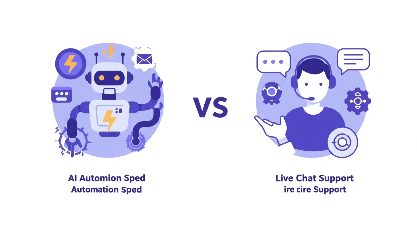 AI chatbot vs live chat comparison hero illustration showing automated chat handling FAQs and human agent handling escalations