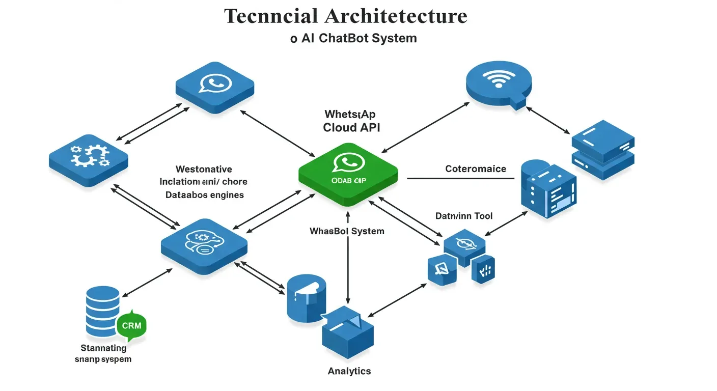 Architecture diagram showing AIChatBot's WhatsApp integration: Cloud API, RAG knowledge base, AI replies, intent routing, human handoff, drip campaigns, and analytics