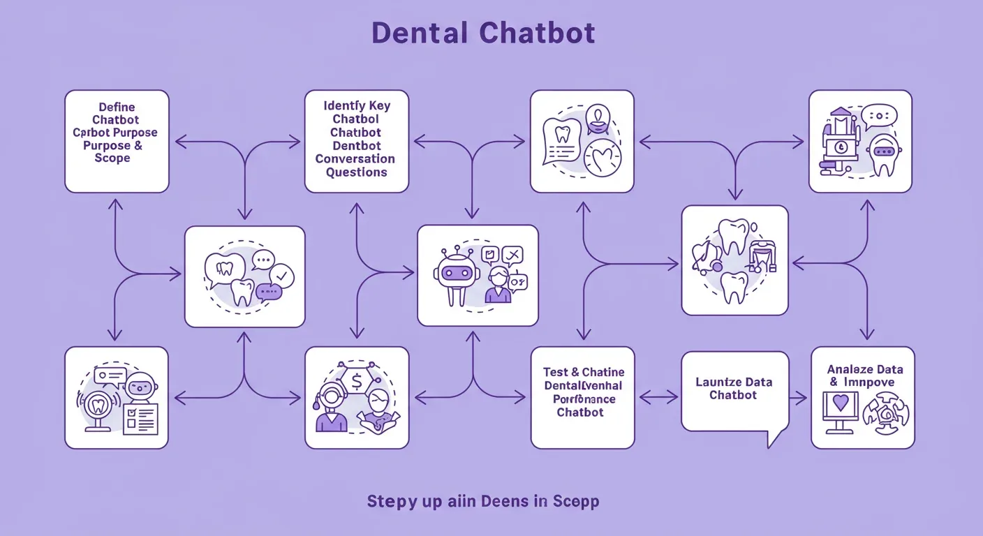 10-step setup flowchart for deploying AI chatbot at a dental clinic: from picking flows to going live