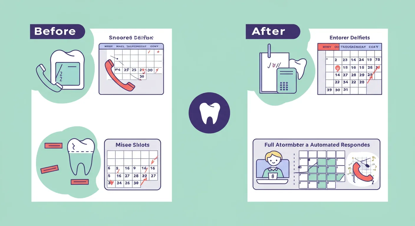 Before-after comparison matrix showing dental clinic metrics: enquiries handled, conversion rate, no-show rate, recall response, and net monthly revenue