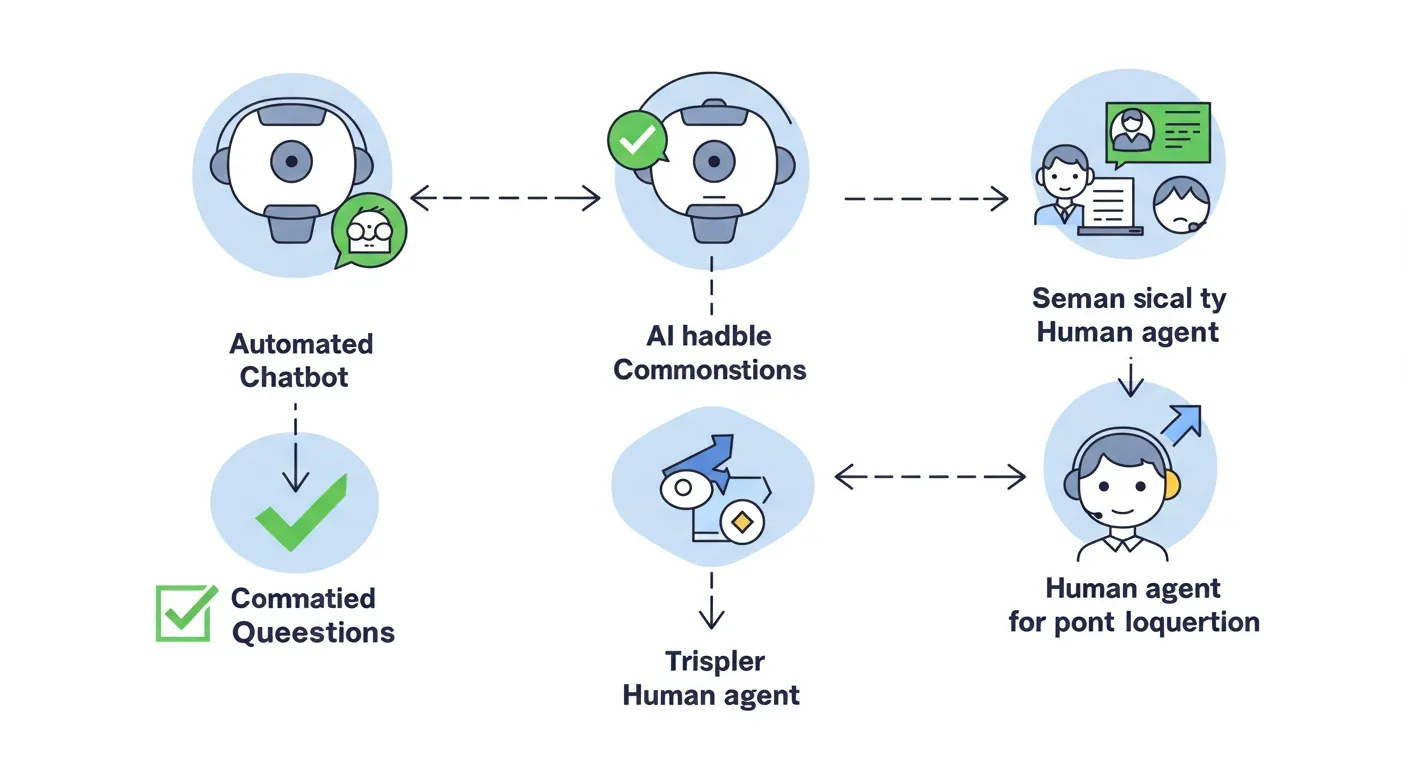 Flowchart showing AI chatbot first-line handling and human agent escalation flow for a hybrid setup on an SMB website