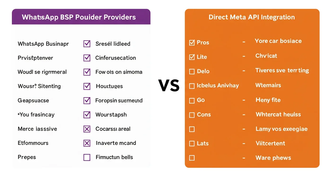 Decision matrix comparing BSP vs direct WhatsApp Cloud API on speed, cost, control, compliance, and best-fit business size